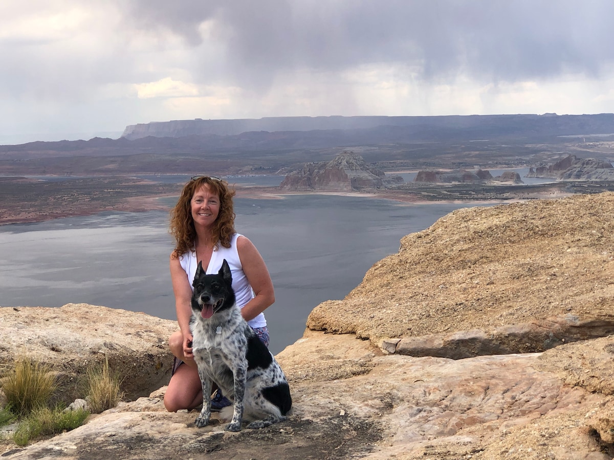 A person kneels on a rocky ledge, accompanied by a dog, with a vast desert landscape visible in the backdrop. The reservoir glimmers under overcast skies, while distant cliffs and canyons add depth to the scenery.