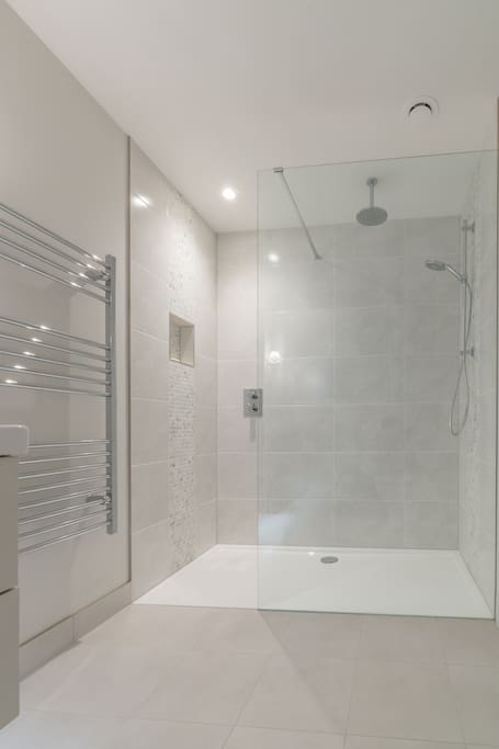 Walk in shower with rain shower.
