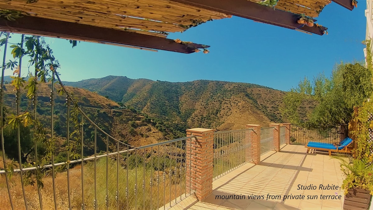 A private sun terrace is shown, featuring a tiled floor and a railing overlooking beautiful mountain views. A sun lounger is positioned to the side, while greenery surrounds the terrace, adding to the serene atmosphere.