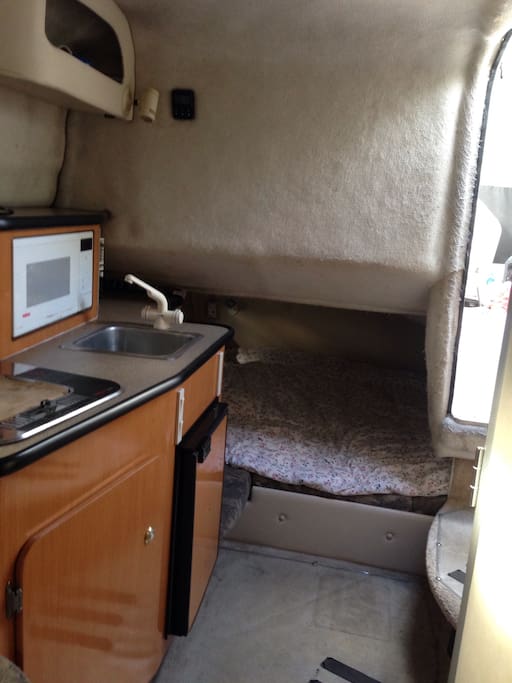 The kitchen and sleeping quarters