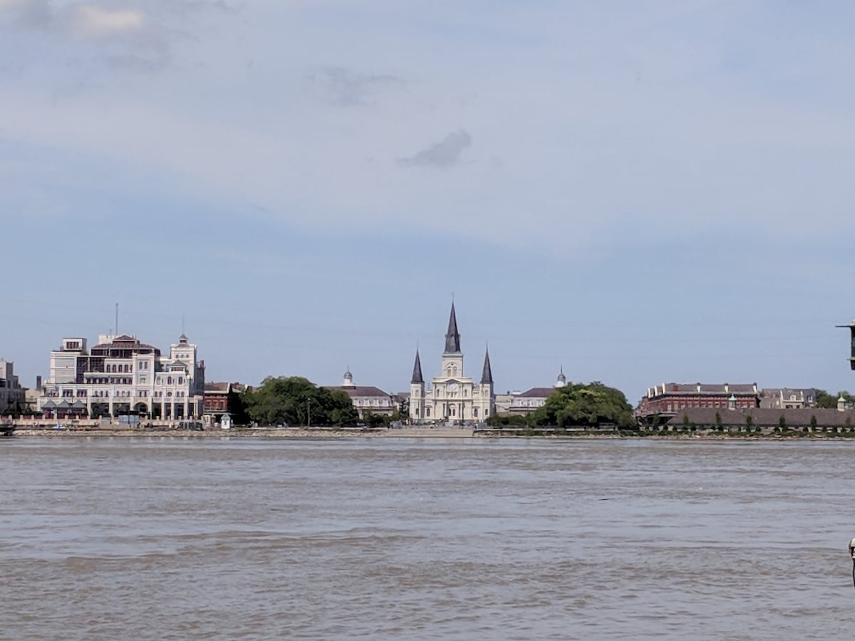 A wide view of the Mississippi River features the iconic skyline of New Orleans across the water, highlighted by the historic steeples and architectural details of buildings and churches visible in the distance. Lush greenery adds contrast to the riverside setting.