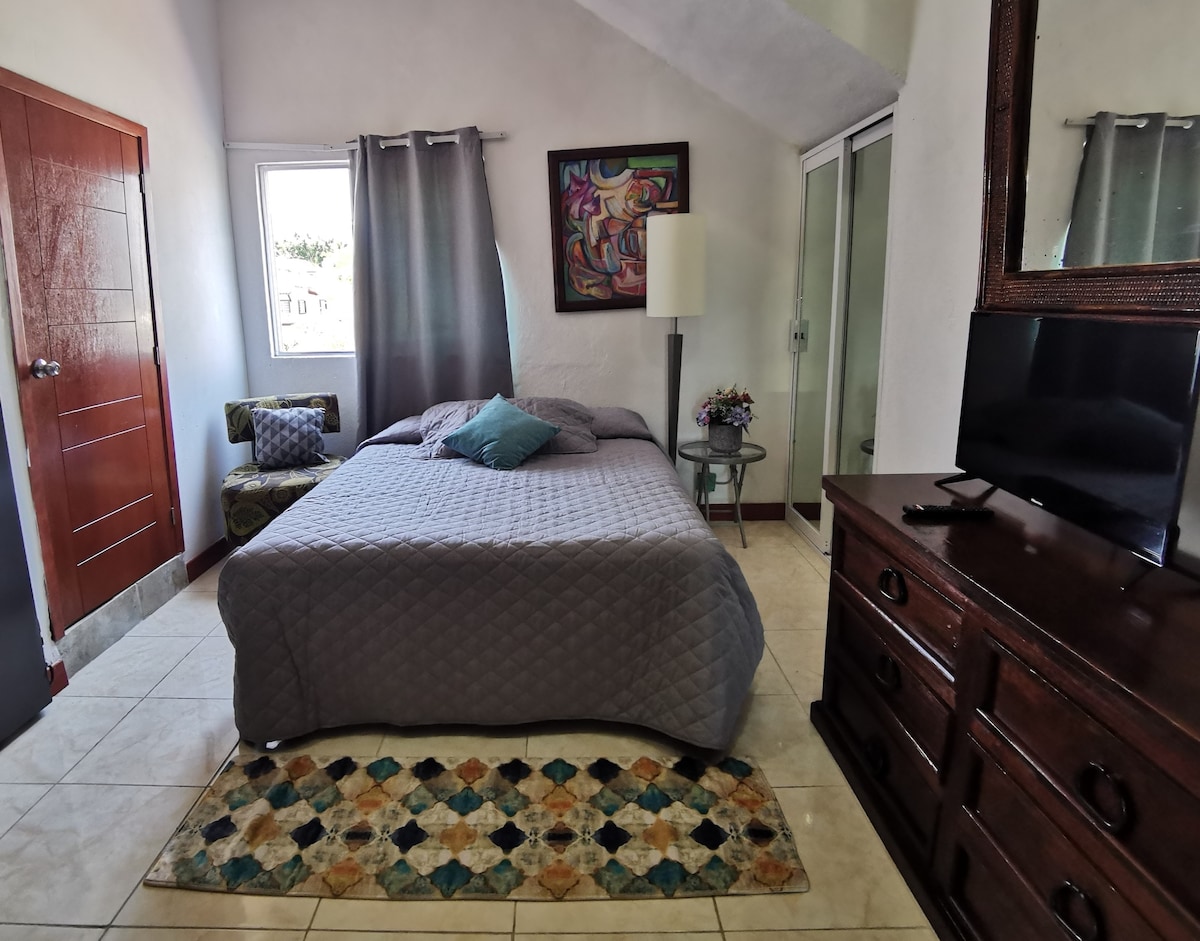 Studio queensize bed, smart-tv (Netflix, youtube) eetkamer, kitchenette, grote koelkast, keukengerei, blender, koffiezetapparaat, waterfilter, complete badkamer, warm water,strijkijzer, haardroger. Allemaal om te genieten van privacy. 