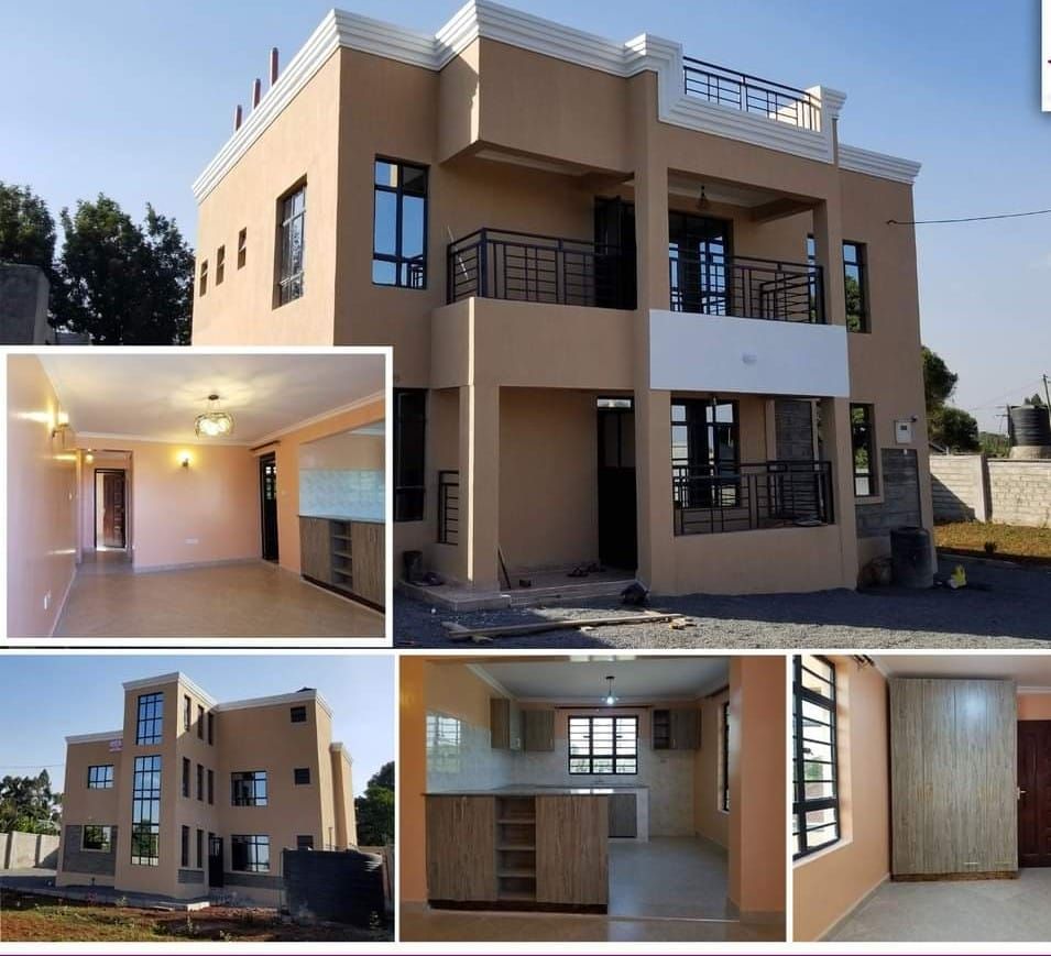 A modern duplex structure features large windows and balconies providing natural light. The images show spacious interior areas, including a living room with a ceiling light fixture, a kitchen with wooden cabinetry, and a neutral color palette throughout.
