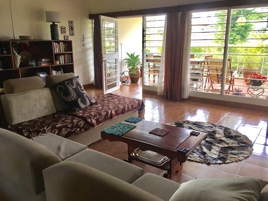 Living room and front terrace