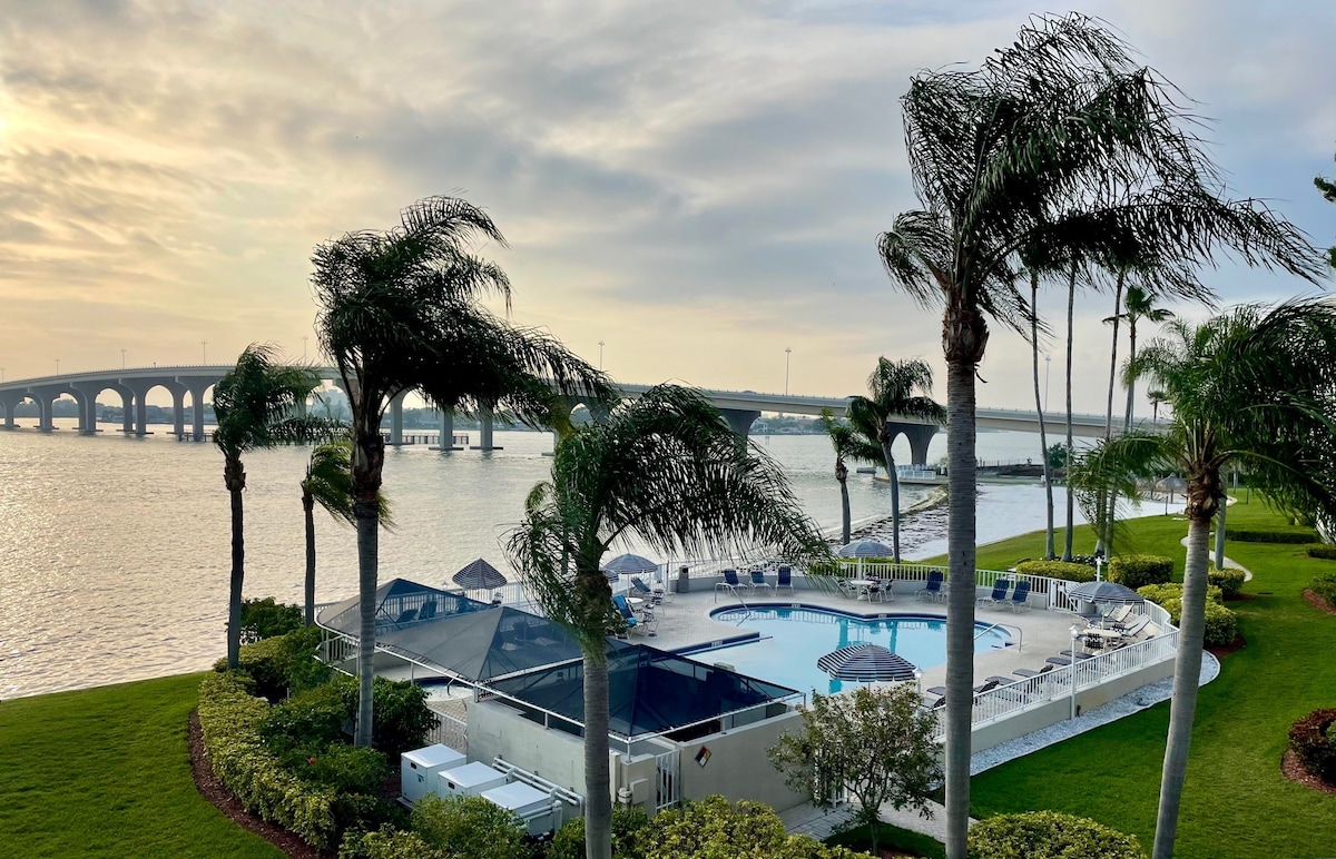 A tranquil scene shows an outdoor heated pool surrounded by lounge chairs and umbrellas. Palm trees sway gently in the breeze, framing the view of the calm water and distant bridge under a partly cloudy sky.