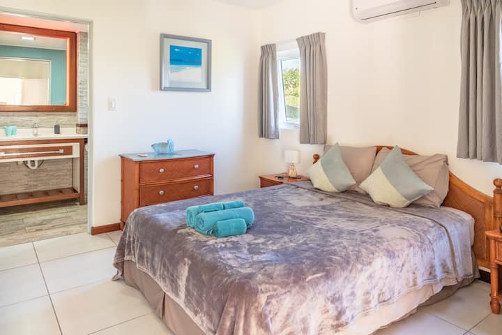 ห้องนอนใหญ่พร้อมเครื่องปรับอากาศและทางเข้าห้องน้ำใหญ่