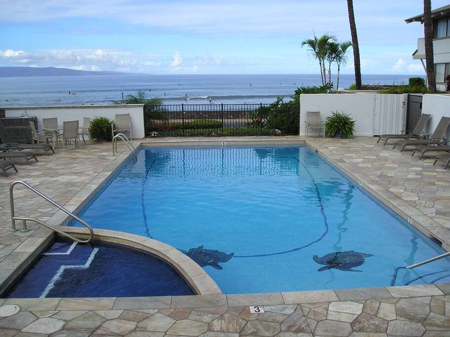 Solar heated pool with ocean views of 3 of the HI Islands