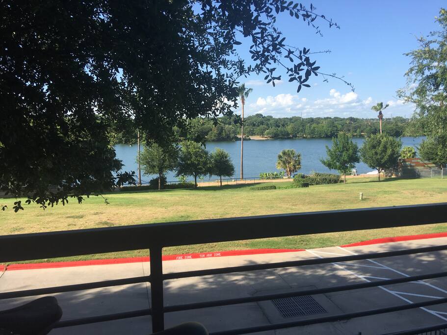 River view from patio. Two chairs for you to enjoy the view, and easy access to the Hike and Bike trail.