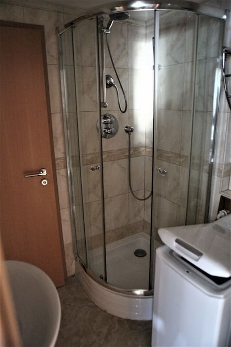 Bathroom with shower, washing machine and separate toilet