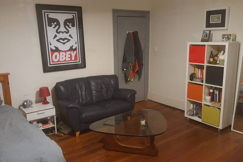 Big room with queen bed & comfy lounge.