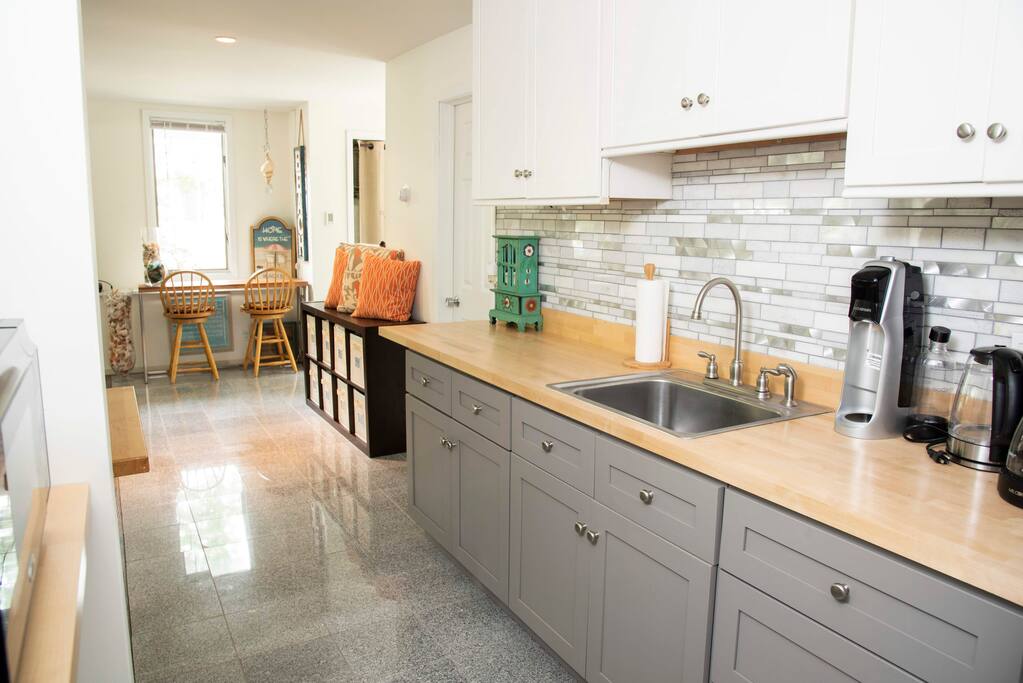 private kitchenette - microwave, refrigerator, sink. No stove.