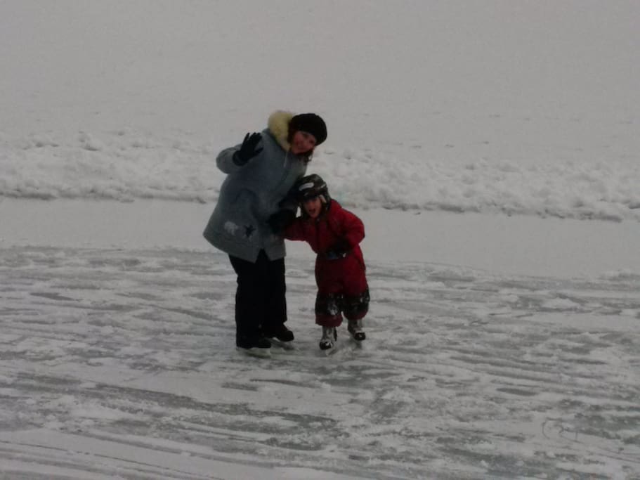 Mom and son learning to skate