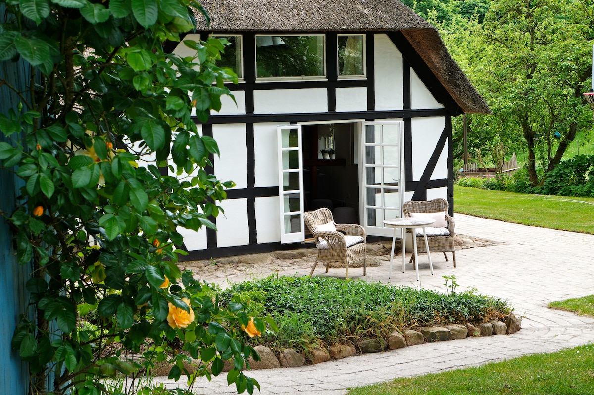 A traditional thatched-roof house is depicted with black and white timber framing. A patio area is visible, featuring a small table and two woven chairs. Lush greenery surrounds the space, with flowering plants and a stone border outlining the garden.