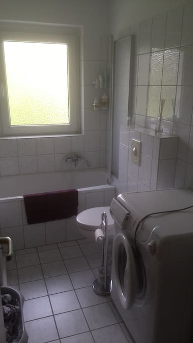 The bathroom with bathtub, shower and washing machine