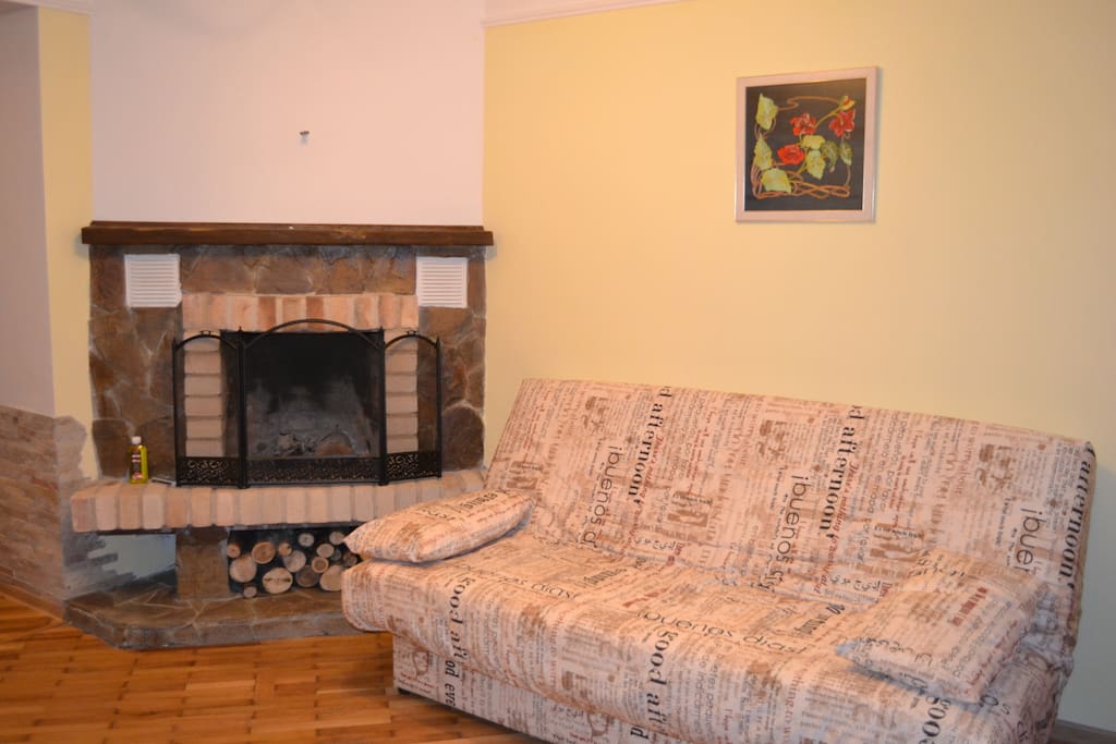 Fireplace and sofa