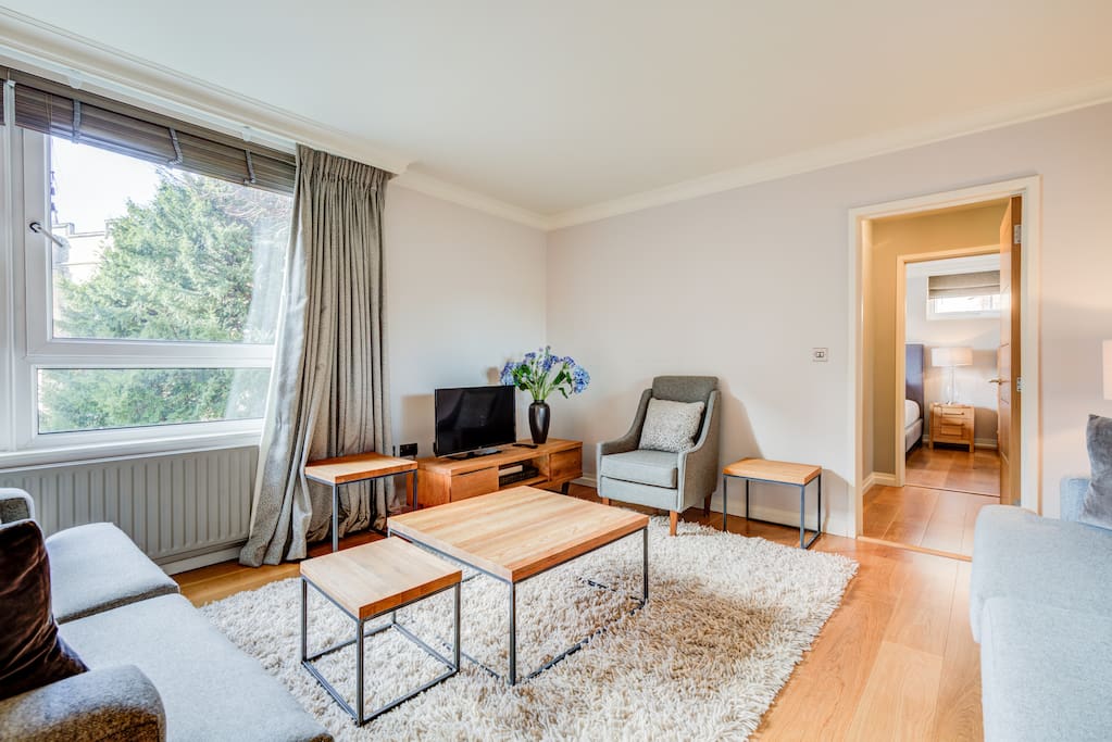 Very large living room with dining table, sofas, TV