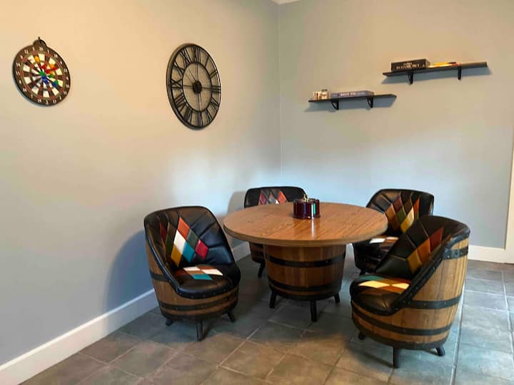 Unplug in the game room with fun for all ages including poker set and dartboard