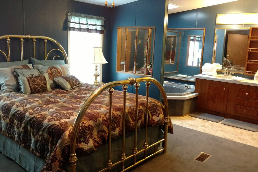 This is our spacious master bedroom with garden tub, double vanity, with separate shower.
Brand new, comphy mattresses and foundation. Ahhhhhhhhhhh.