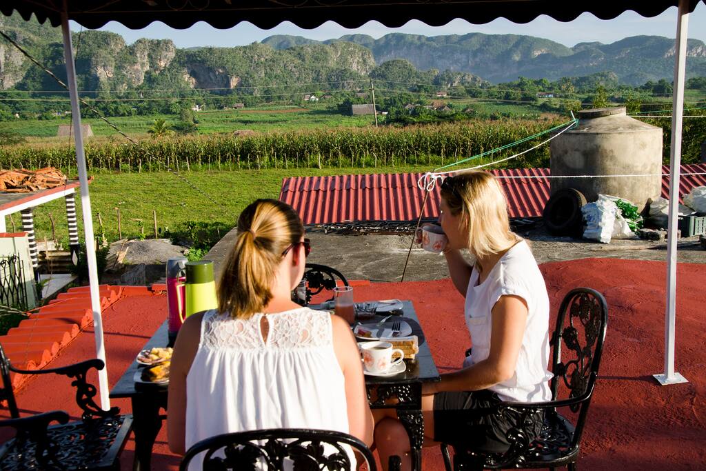 Having breakfast at the rooftop terrace