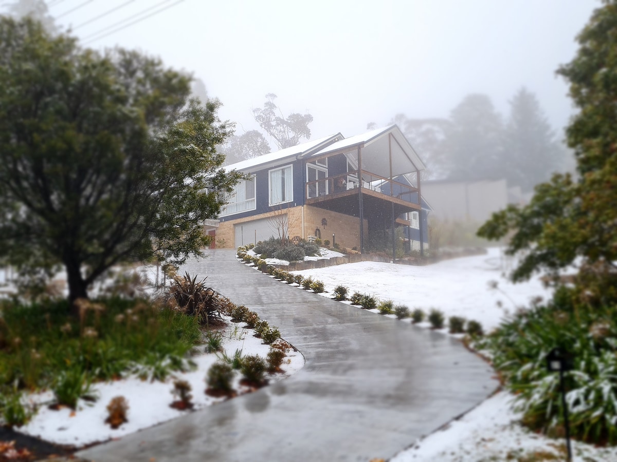 A modern home is viewed from a slightly elevated angle, surrounded by misty weather. The driveway leads to the house, bordered by neatly arranged low shrubs and greenery. The structure features large windows and a pitched roof, combining contemporary aesthetics with nature.