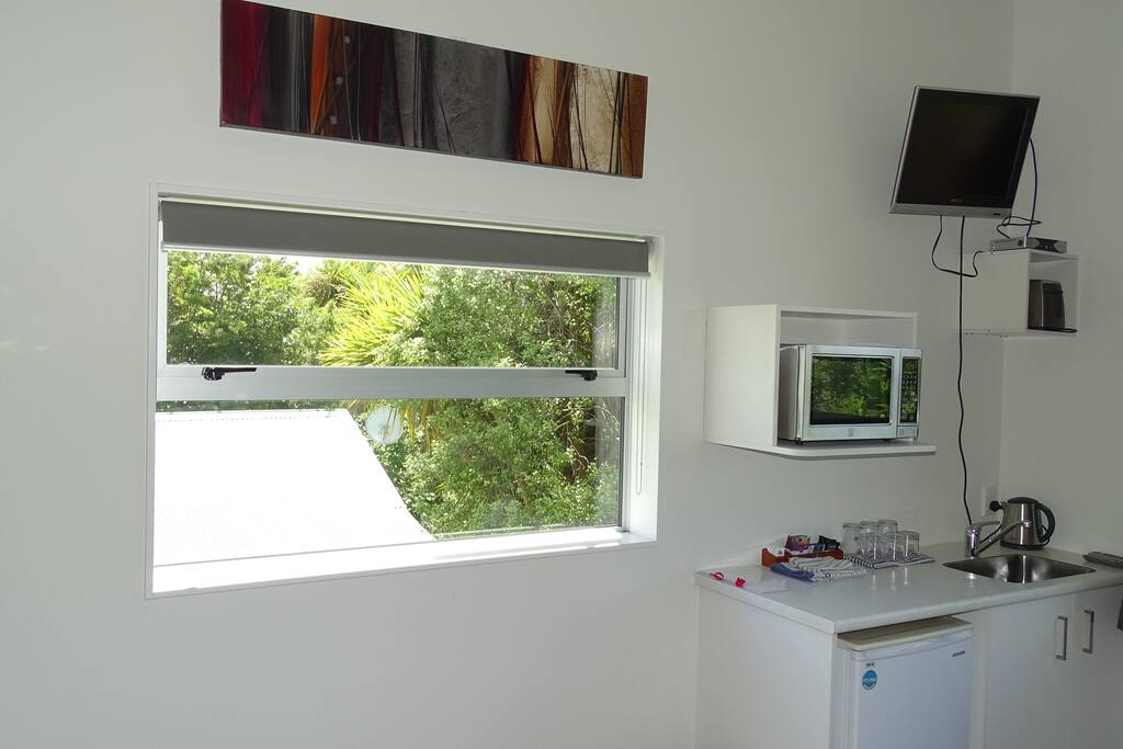 Kitchenette with Fridge, Microwave, and Toaster