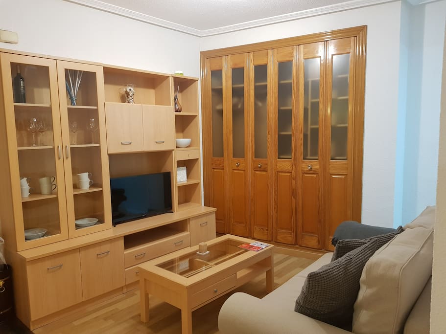 Livingroom with tv, inbuild wardrobe and couch-bed
