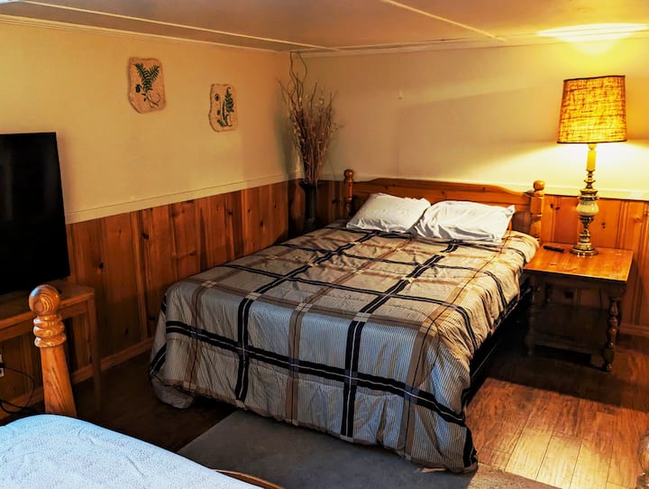 غرفة النوم الرابعة في الطابق السفلي بسريرين كبيرين.