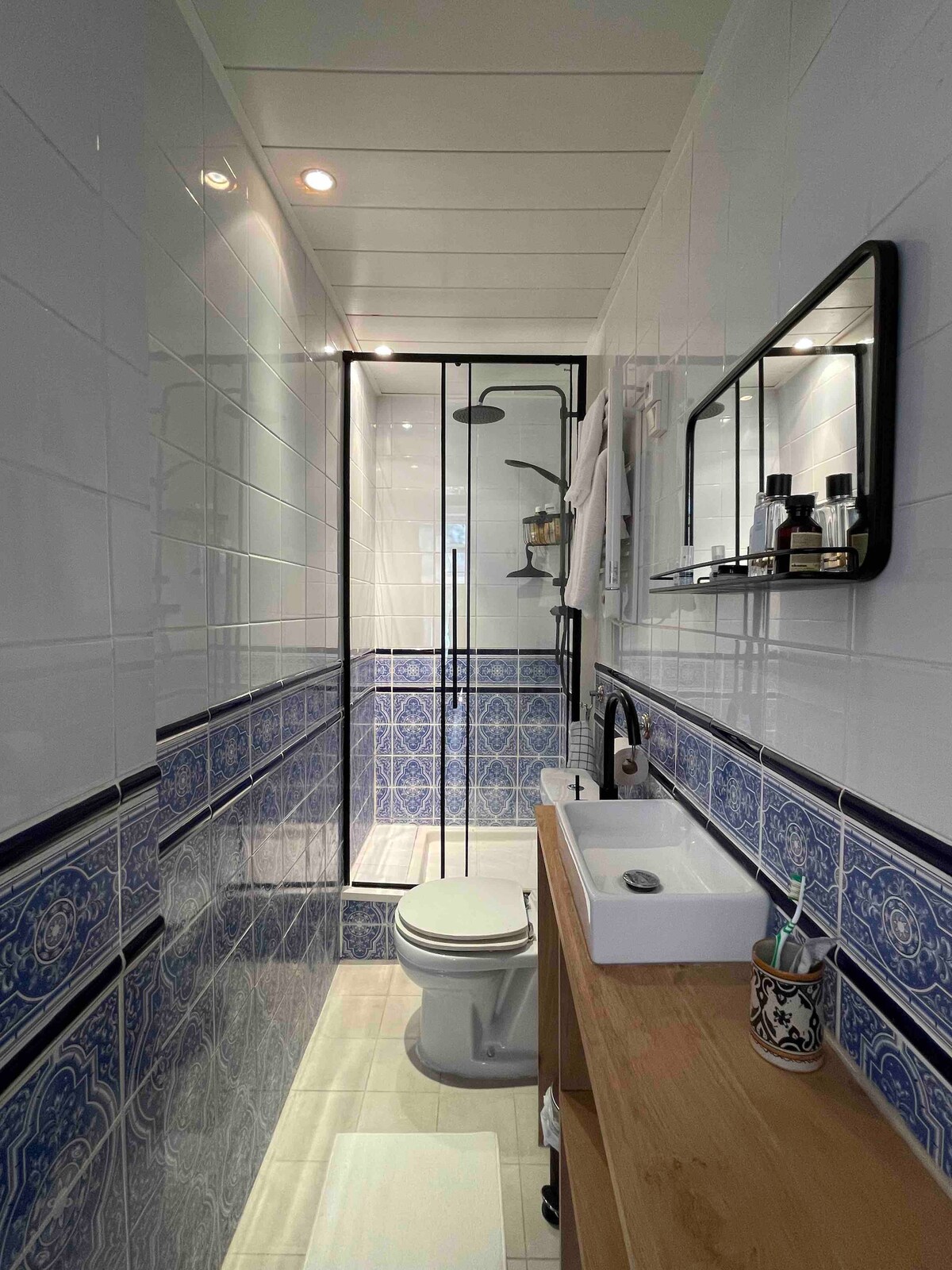 A modern bathroom is presented, featuring a walk-in shower enclosed by glass panels. The expansive tiles display a decorative blue and white pattern along the walls. A wooden vanity provides storage, with toiletries neatly arranged on a shelf above the sink.