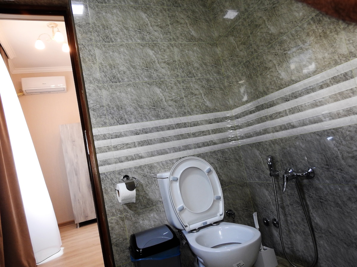 A modern bathroom features smooth grey marble walls with decorative horizontal stripes. A white toilet is positioned alongside a small blue trash bin. A set of silver faucets and a hand shower are visible, with soft lighting from a nearby ceiling fixture illuminating the space.