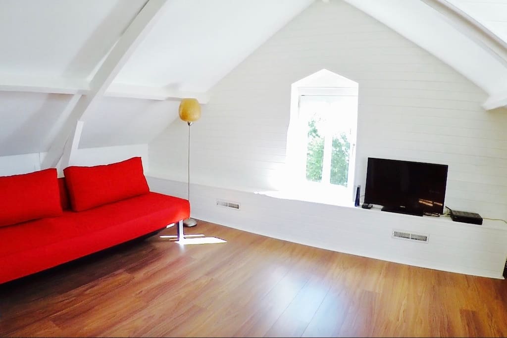 Living room with sofa/bed 2 for persons, TV with Netflix.