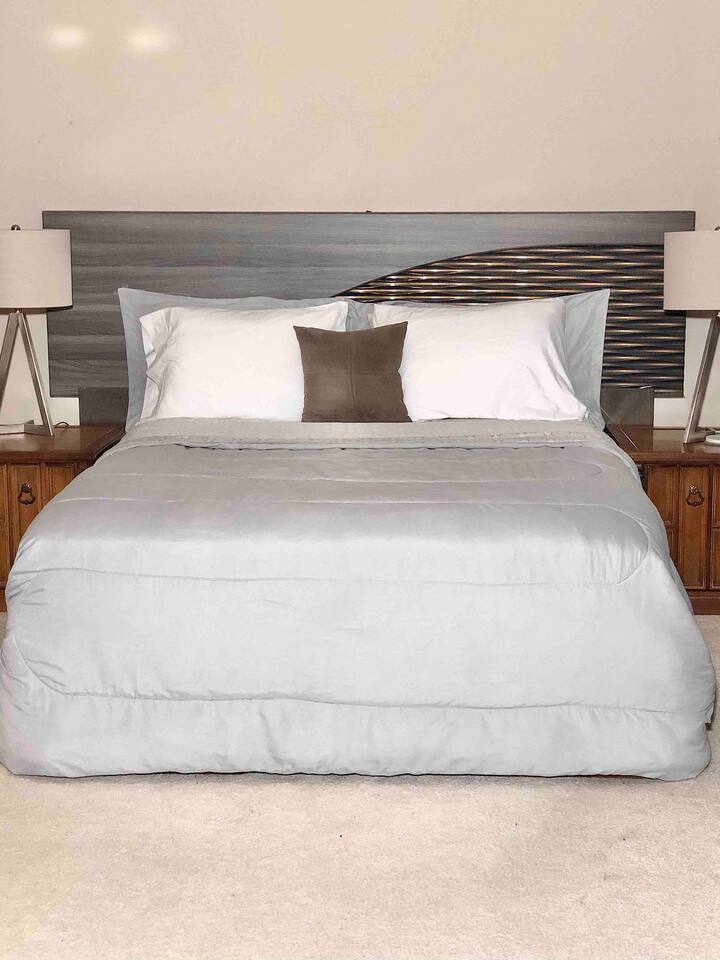 Queen sized bed sleeps two people. Queen sized bedroom with attached master bath