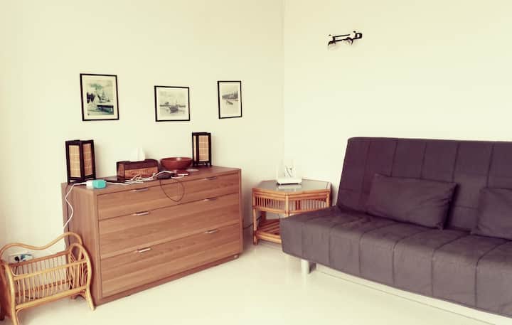 მე-3 საძინებელი გასაშლელი დივნით (პირსახოცები ინახება გულმკერდის უჯრებში, შეგიძლიათ გამოიყენოთ).