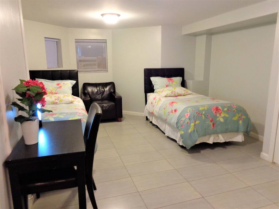 Twin beds can be set up separated or together as a double-size bed.