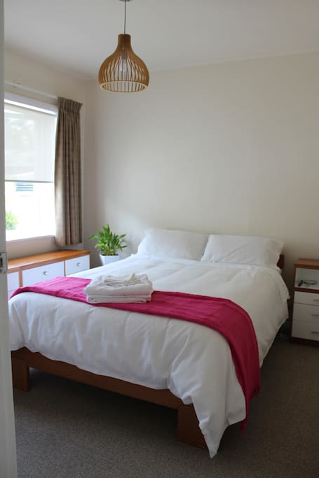Bedroom with super-comfy mattress, electric blanket, large wardrobe and ample cupboard space.