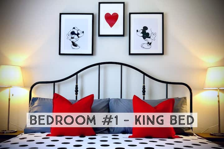 Get comfortable in our master bedroom complete with a gel memory foam king mattress and charming Mickey and Minnie decor!