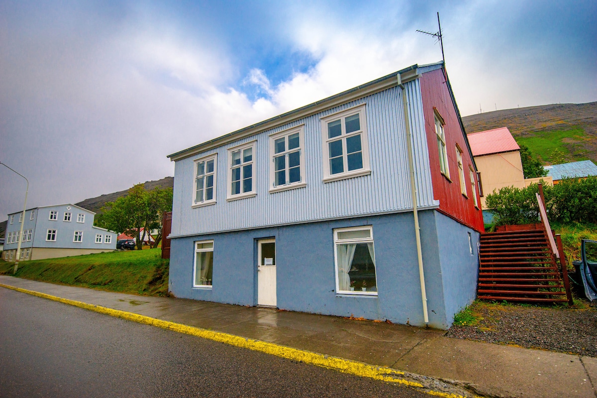 A two-story house is presented with a distinct blue and red exterior. Multiple windows provide natural light to the interiors, and a staircase leads to the upper level. The building is situated on a paved street, with greenery in the background enhancing the setting.