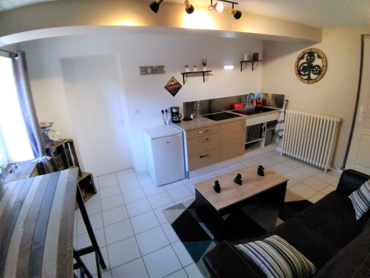 The kitchen area is equipped with modern cabinetry, a sink, and a compact refrigerator. A dining table is positioned near the window, accompanied by a stylish coffee table in the living space. Natural light streams in through the window, enhancing the room's functional layout.