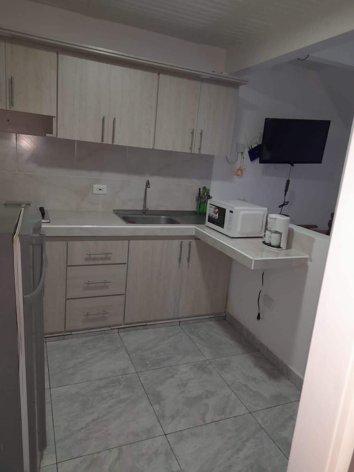 A compact kitchen is equipped with modern appliances, including a microwave and a coffee maker. Light-colored cabinetry provides ample storage. Counter space is available for meal preparation, and a sink is situated underneath a small wall-mounted television.