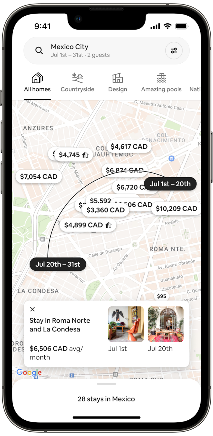 The screen of a cell phone shows a map of Mexico City. The two homes that appeared on the previous screen are indicated by black icons displaying the dates of each stay. An arching black line shows how close the homes are to one another. An inset image repeats images of the two colourful patios associated with this Split Stay.