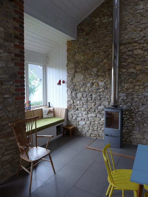 Wood stove and window seat
