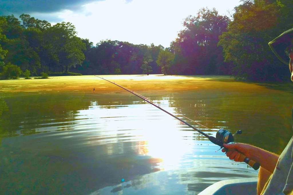 A guest enjoys fishing in Bear Creek.