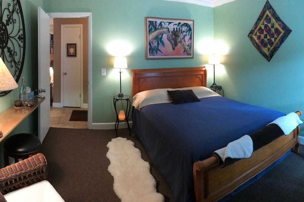Super comfortable queen bed, plenty of room to spread out, great light and air and a comfortable chair.