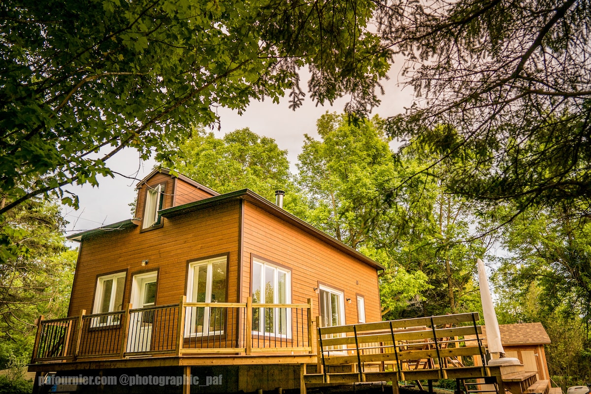 A wooden house is nestled among lush greenery, featuring large windows that allow natural light to fill the interior. A spacious deck wraps around the house, providing ample outdoor space for relaxation. The roofline is complemented by a small peaked section, enhancing the home's character.