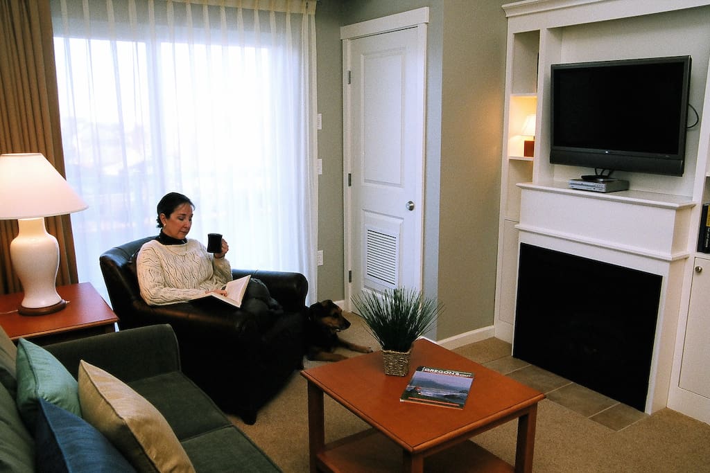 The living area offers comfortable seating, fireplace, large screen tv, dvd player.