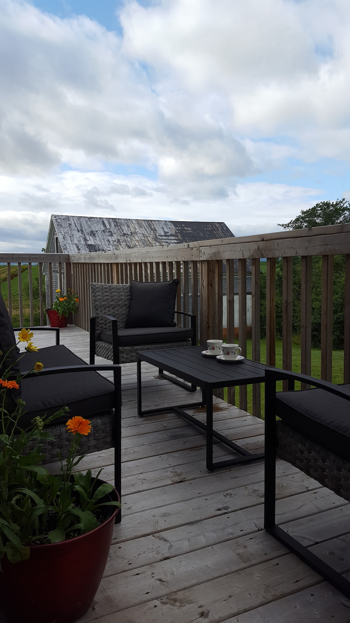 A wooden deck area is equipped with black outdoor furniture, including two chairs and a central table. Flower pots with colorful blooms are placed around the space. The backdrop displays a rustic barn under a cloudy sky and open green fields.