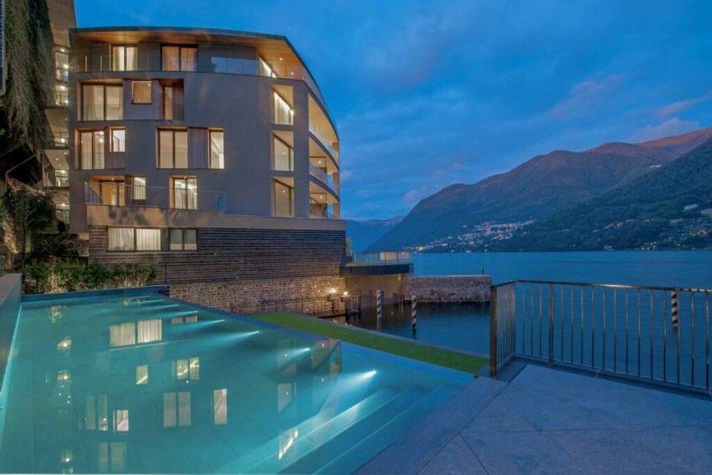 Blue hour photo of the communal swimming pool