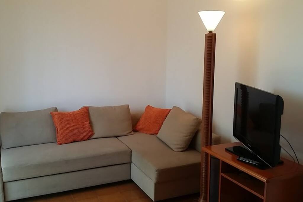 Ingresso con divano letto matrimoniale e tv