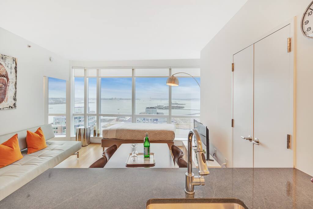 Living space with tall windows
