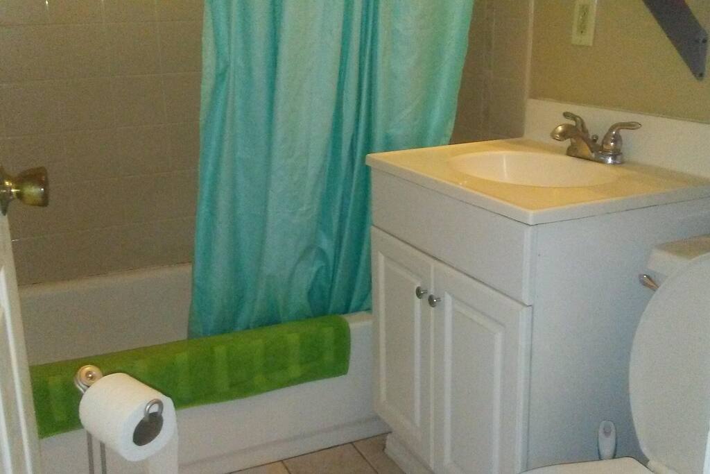 Cute little bathroom with shower and tub.