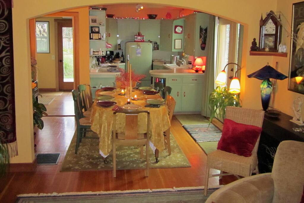 Living room, dining room and kitchen